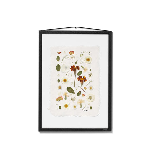 A framed botanical art featuring delicate  flowers and leaves on a textured off-white background, enclosed in a black frame with a black hanging cord.