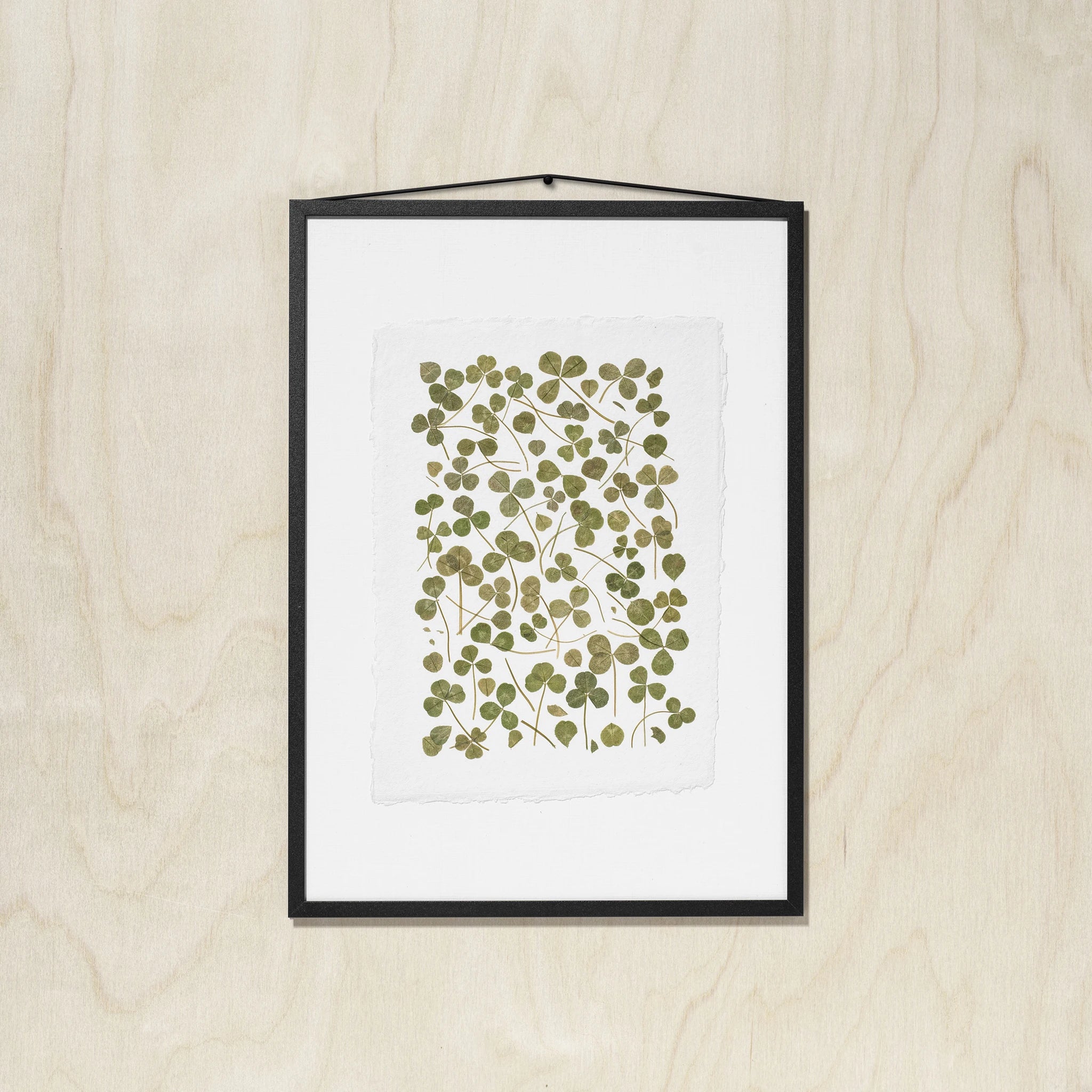 A framed botanical art featuring pressed green leaves on a white background, enclosed in a black frame and hung against a light wood wall.