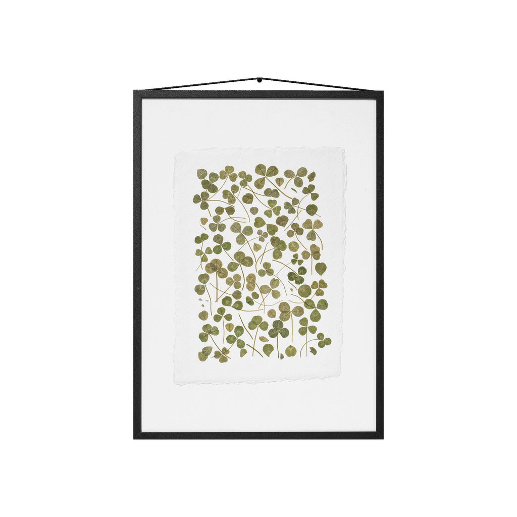 A framed botanical art featuring pressed green leaves on a white sheet of paper, enclosed in a black frame with a hanging cord, shown against a plain white background.