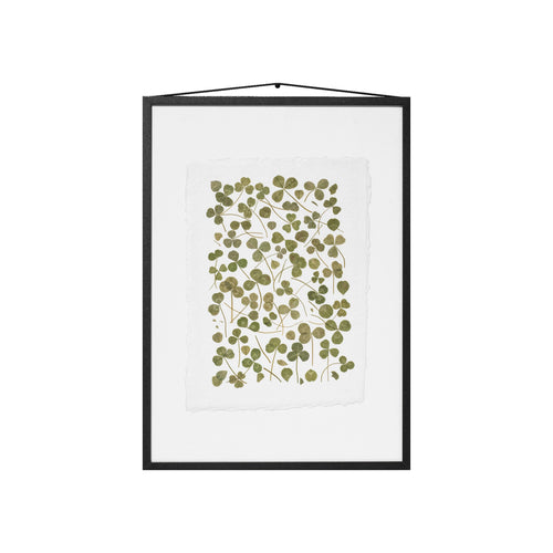 A framed botanical art featuring pressed green leaves on a white sheet of paper, enclosed in a black frame with a hanging cord, shown against a plain white background.