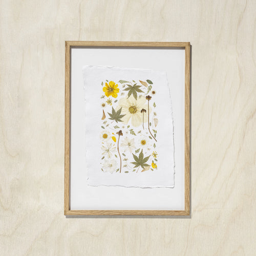 A framed botanical art print featuring pressed flowers and leaves on textured white paper, set in a oak wood frame against a light beige wall.