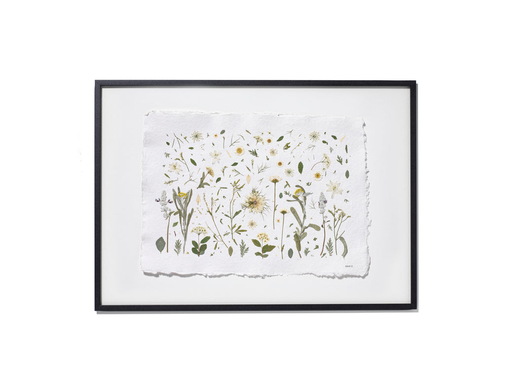 A framed botanical art print featuring delicate flowers and leaves on textured white paper, presented in a black frame with a white background against a solid white backdrop.