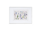 A framed botanical art featuring delicate flowers in blue, purple, green, and red on a white background, enclosed in a white frame.