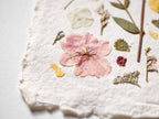 A close-up of pressed botanical art on handmade off-white paper, featuring a pale pink flower, green leaves, small yellow and purple botanical elements, and a textured paper edge.