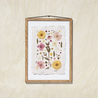 A framed botanical art featuring pressed flowers and leaves on a textured off-white sheet, mounted in a oak wood frame against a light oak wall.