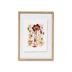 Framed botanical art featuring pressed flowers and leaves on textured white paper, set in a light natural wood frame against a clean white background.