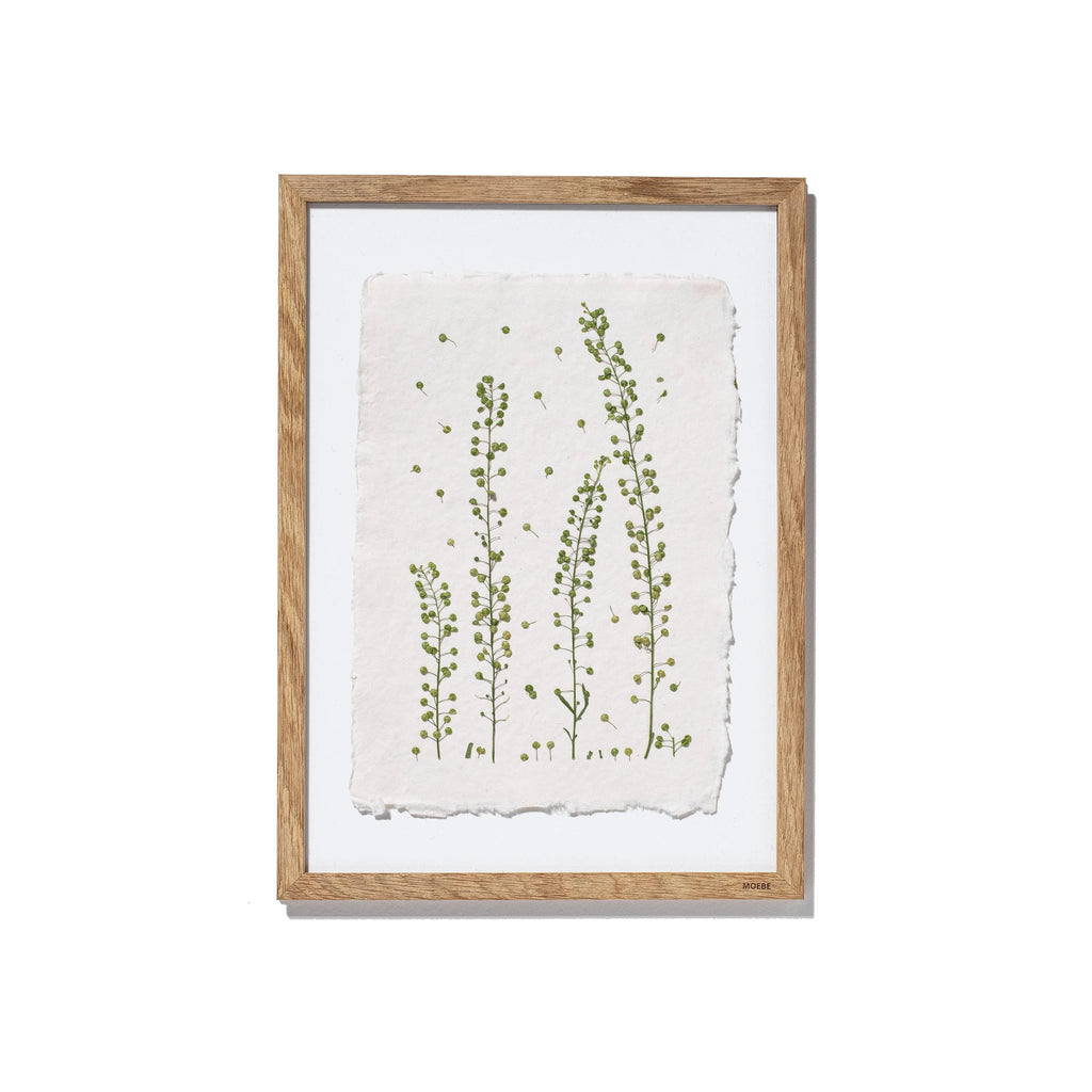 A framed botanical art print featuring delicate green plant illustrations on a textured off-white sheet of paper, enclosed in a light natural wood frame with a white mat, shown against a plain white background.
