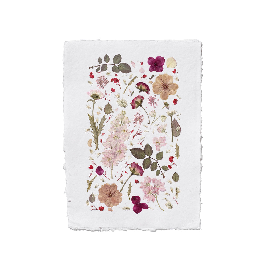A square white fabric paper, featuring botanical flowers and leaves in pink, burgundy, beige, and olive green.